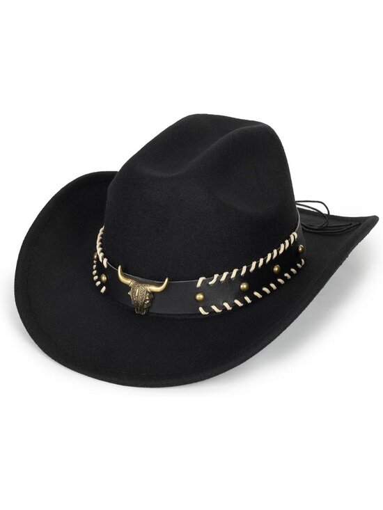 Accessories - Unisex Black Bull Western Cowboy Hat Classic Roll Up Fedora Hat with Buckle Belt